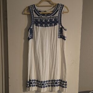 Lucky Brand White Dress with Blue Embroidery